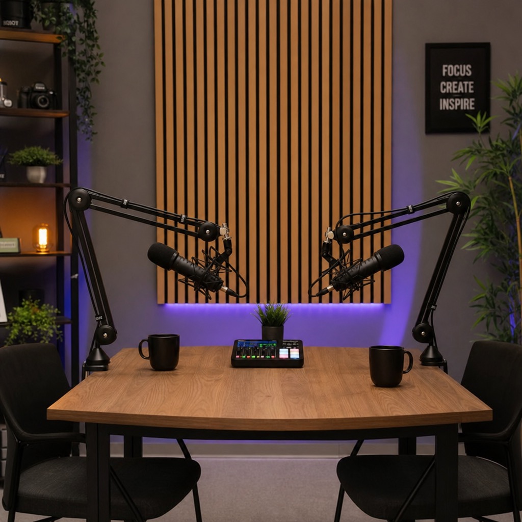 Una postazione podcast trattata acusticamente: microfoni, mixer e ambiente silenzioso per una voce pulita.