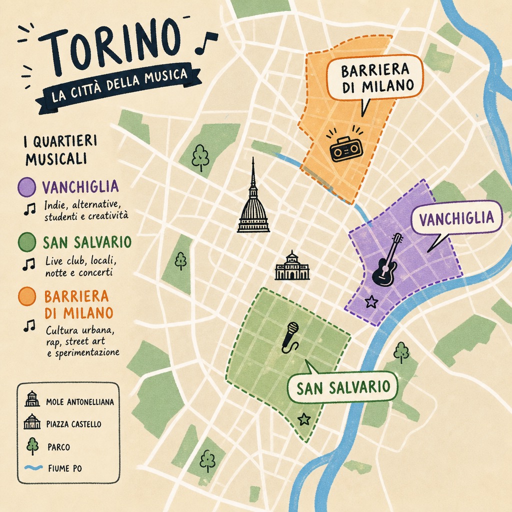 I quartieri musicali di Torino: Vanchiglia (indie), San Salvario (live e notte) e Barriera di Milano (cultura urbana e rap).